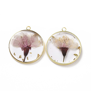 Transparent Clear Epoxy Resin Pendants, with Edge Golden Plated Brass Loops and Gold Foil, Flat Round Charms with Inner Flower, Misty Rose, 33.8x30x4mm, Hole: 2.5mm