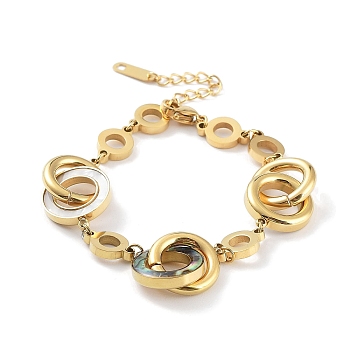 Ion Plating(IP) 304 Stainless Steel Interlocking Rings Link Bracelet, with Imitaiion Shell, Golden, 7-1/4 inch(18.5cm)