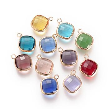 Glass Pendants, with Brass Findings, Faceted, Rhombus, Mixed Color, 14.5x11.5x4mm, Hole: 2.5mm