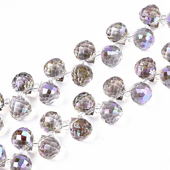 Transparent Glass Beads Strands, Top Drilled Beads, AB Color Plated, Faceted Teardrop, Violet, Teardrop: 9.5x8mm, Hole: 0.8mm, Beads: 3~4x2.5~3.5mm, about 100pcs/strand, 23.62 inch(60cm)