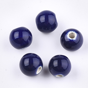 Handmade Porcelain Beads, Bright Glazed Porcelain, Round, Midnight Blue, 8~8.5x7.5~8mm, Hole: 1.5~2mm