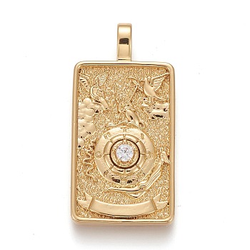 Brass Micro Pave Clear Cubic Zirconia Pendants, Real 18K Gold Plated, Tarot Card Charms, The Wheel of Fortune, The Wheel of Fortune X, 30x15x4mm, Hole: 3~4mm