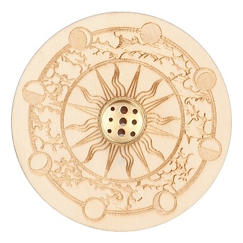 Wooden Sun Pattern Incense Holder for Sticks, with Brass Holder, Meditation Aromatherapy Furnace Home Decor, Floral White, 100x5mm