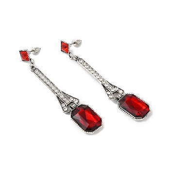 Rhinestone Rectangle Dangle Stud Earrings, Antique Silver Alloy Long Drop Earrings for Women, Red, 80mm, Pin: 0.8mm