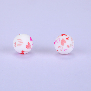 Printed Round with Heart Pattern Silicone Focal Beads, White, 15x15mm, Hole: 2mm