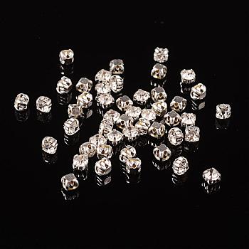 Sew on Rhinestone, Multi-strand Links, Multi-strand Links, Grade A Glass Rhinestone, with Brass Prong Settings, Garments Accessories, Square, Silver Color Plated, Crystal, 3.8~4x3.8~4mm, Hole: 1mm(The hole in the bottom is random.)