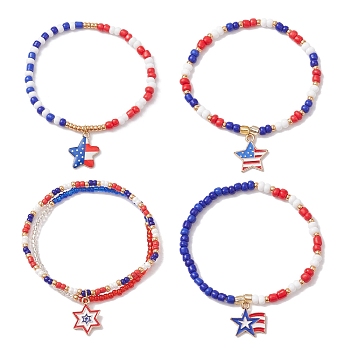 4Pcs 4 Style Glass Seed Beaded Stretch Bracelets Sets, Independence Day Bracelets with Alloy Enamel Star Charms, Mixed Color, Inner Diameter: 2 inch(5.2cm), 1Pc/style