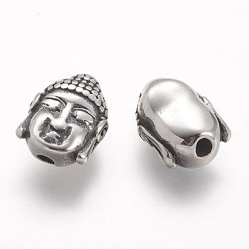 304 Stainless Steel Beads, Buddha Head, Antique Silver, 14x11x6.5mm, Hole: 2.5mm