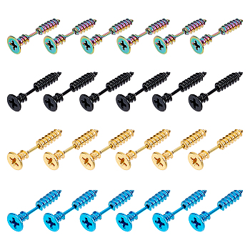 24pcs 4 colors 304 Stainless Steel Screw Shape Front Back Stud Earrings, Creative Stud Earrings for Men Women, Mixed Color, 25x7.5mm, Pin: 1.1mm, 6pcs/color