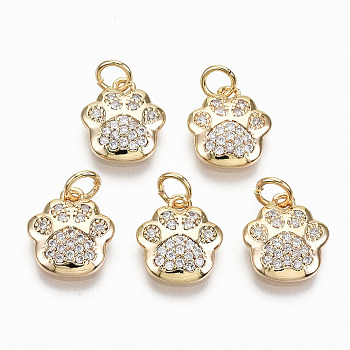 Brass Micro Pave Clear Cubic Zirconia Charms, with Jump Rings, Nickel Free, Dog Paw Prints, Real 18K Gold Plated, 11.5x10.5x2.5mm, Jump Ring: 4.5x0.7, Inner Diameter: 3mm