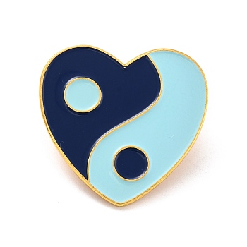 Heart with Yin Yang Pattern Enamel Pin, Lucky Alloy Enamel Brooch for Backpack Clothes, Golden, Pale Turquoise, 29x30x10.5mm, Pin: 1mm