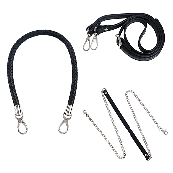 Imitation Leather Bag Handles, Length Adjustable Bag Strap Single Shoulder Belts, with Alloy and Iron Findings, Black, 890~1090x14x3mm, 590~592x11~12mm, 1215x12x3mm, 4pcs/set
