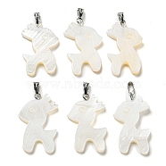 Natural Freshwater Shell Pendants, Deer Charms with Platinum Plated Alloy Snap on Bails, WhiteSmoke, 30x18x3mm, Hole: 5.5x2mm(PALLOY-Q462-05P)