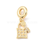 Brass Micro Pave Cubic Zirconia European Dangle Charms, Large Hole Pendants, Long-Lasting Plated, Real 18K Gold Plated, Cadmium Free & Lead Free, Lock & Key, Clear, 27mm, Hole: 4.5mm, Lock & Key: 16x11x2.5mm(KK-P233-12G)