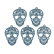 430 Stainless Steel Filigree Pendants, Spray Painted, Etched Metal Embellishments, Skull, Cadet Blue, 23x15x0.5mm, Hole: 1.2mm(X-STAS-S108-23A)