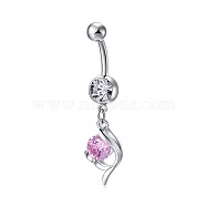 Piercing Jewelry, Brass Cubic Zirconia Navel Ring, Belly Rings, Lead Free & Cadmium Free, Flower, Platinum, Pearl Pink, 48x10mm, Bar Length: 3/8"(10mm), Bar: 14 Gauge(1.6mm)(AJEW-EE0006-17A)