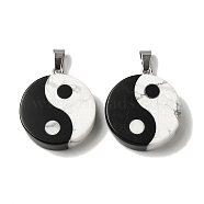 Natural Howlite & Obsidian Flat Round Pendants, Yin-yang Charms with Platinum Plated Alloy Snap on Bails, 28.5x25x6.5mm, Hole: 7.6x4mm(G-C095-05P)