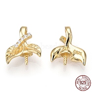 925 Sterling Silver Micro Pave Cubic Zirconia Peg Bails, Leaf Cup Peg Bails, For Half Drilled Beads, Nickel Free, with S925 Stamp, Real 18K Gold Plated, 12x10x4mm, Hole: 1.8mm, Pin: 0.8mm(STER-T004-33G)