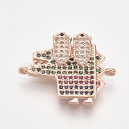 Brass Micro Pave Cubic Zirconia Links, Crocodile/Alligator, Colorful, Rose Gold, 20x24.5x3mm, Hole: 0.8mm(ZIRC-T006-64RG)