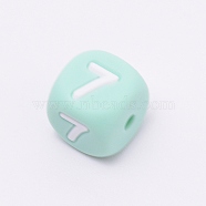 Silicone Beads, for Bracelet or Necklace Making, Arabic Numerals Style, Aquamarine Cube, Num.7, 10x10x10mm, Hole: 2mm(SIL-TAC001-02A-7)