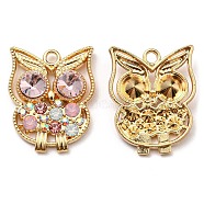 Golden Plated Alloy Pendants, Owl Charms with Rhinestone, Cadmium Free & Nickel Free & Lead Free, Light Rose, 25x20x5mm, Hole: 2.2mm(ALRI-L050-02G-02)