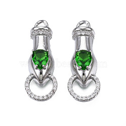 Brass Clear & Green Cubic Zirconia Connector Charms, Cadmium Free & Nickel Free & Lead Free, Snake, Platinum, 33x12x8mm, Hole: 3mm(KK-N216-356P)