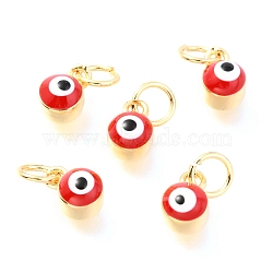 Brass Enamel Pendants, Long-Lasting Plated, Real 18K Gold Plated, with Jump Rings, Column with Evil Eye, Red, 7x3.5x4.5mm,Jump Ring: 5x0.6mm, 3mm inner diameter.(KK-Y001-02B-04G)