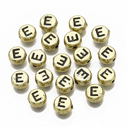Plating Acrylic Beads, Horizontal Hole, Flat Round with Letter, Golden Plated, Black, Letter.E, 7x4mm, Hole: 1.2mm, about 3600pcs/500g.(PACR-CD0001-E)