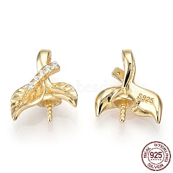 925 Sterling Silver Micro Pave Cubic Zirconia Peg Bails, Leaf Cup Peg Bails, For Half Drilled Beads, Nickel Free, with S925 Stamp, Real 18K Gold Plated, 12x10x4mm, Hole: 1.8mm, Pin: 0.8mm(STER-T004-33G)