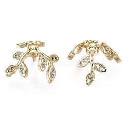 Brass Micro Pave Clear Cubic Zirconia Pendants, for Half Drilled Bead, Nickel Free, Branch and Leaves, Real 18K Gold Plated, 9x12x13mm, Hole: 1.2mm, Pin: 0.9mm(for half drilled beads).(KK-T056-47G-NF)
