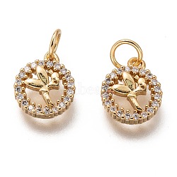 Brass Micro Pave Clear Cubic Zirconia Charms, Long-Lasting Plated, with Jump Ring, Flat Round with Fairy, Golden, 11x9x2mm, Jump Ring: 5x1mm, 3mm Inner Diameter(ZIRC-C020-52G)