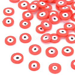 Handmade Polymer Clay Cabochons, Flat Round with Evil Eye, Tomato, 5~6x0.5~1mm, about 50000pcs/1000g(CLAY-N006-112-A04)