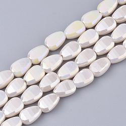 Electroplate Opaque Solid Color Glass Beads Strands, AB Color Plated, Faceted, Teardrop, Old Lace, 8.5x6x4.5~5mm, Hole: 1mm, about 80pcs/strand, 26.38 inch(67cm)(EGLA-T020-02F)