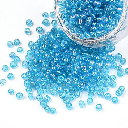 Round Glass Seed Beads, Transparent Colours Rainbow, Round, Aqua, 3mm(SEED-A007-3mm-163)