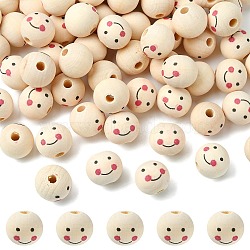Natural Wood Beads, Large Hole Beads, Round with Smile Face, PapayaWhip, 19~20x17.5~18mm, Hole: 4.5mm(X-WOOD-T019-13B)