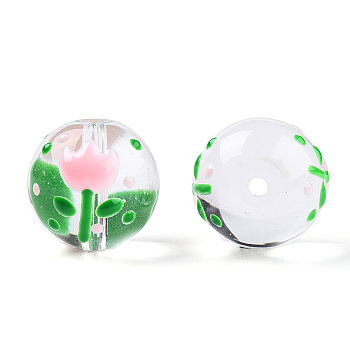 Transparent Handmade Lampwork Beads, Round with Flower Pattern, Pink, 13x12x11mm, Hole: 1.2~1.5mm