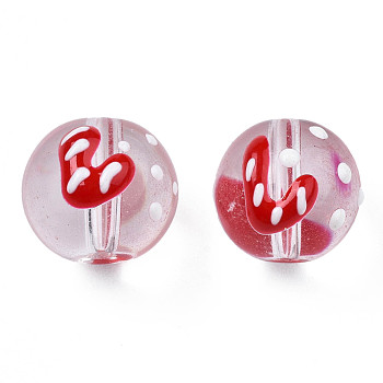 Transparent Glass Enamel Beads, Round with Heart, Red, 13~14x12x11mm, Hole: 1.6mm