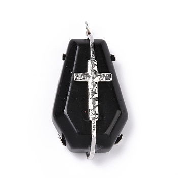 Natural Obsidian Pendants, Polygon Charm, with Stainless Steel Color Cross 304 Stainless Steel Findings, 38x19.5x9.5mm, Hole: 2.5mm