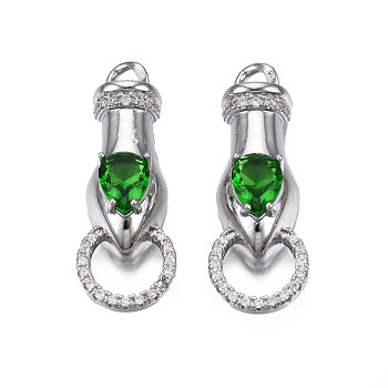 Brass Clear & Green Cubic Zirconia Connector Charms, Cadmium Free & Nickel Free & Lead Free, Snake, Platinum, 33x12x8mm, Hole: 3mm