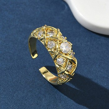 Brass Micro Pave Cubic Zirconia Cuff Open Rings, Rhombus, Cadmium Free & Lead Free, Rack Plating, Long-Lasting Plated, Golden, 8.5mm, US Size 7 1/4(17.5mm)