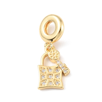Brass Micro Pave Cubic Zirconia European Dangle Charms, Large Hole Pendants, Long-Lasting Plated, Real 18K Gold Plated, Cadmium Free & Lead Free, Lock & Key, Clear, 27mm, Hole: 4.5mm, Lock & Key: 16x11x2.5mm
