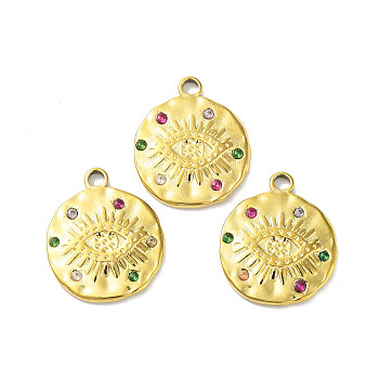 304 Stainless Steel Pendants, with Colorful Rhinestone, Flat Round with Eye Charm, Golden, 19x16x2mm, Hole: 2mm