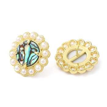 Natural Shell Flower Stud Earrings with Plastic Pearl Beaded, Real 14K Gold Plated Brass Jewelry, Colorful, 17.5mm
