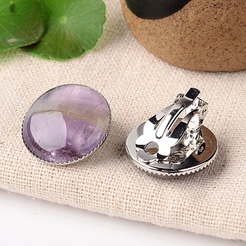 Natural Amethyst Dome/Half Round Clip-on Earrings, with Platinum Plated Brass Findings, 21mm