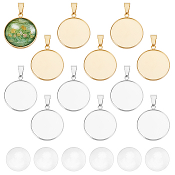 DIY Blank Dome Flat Round Pendant Making Kit, Including 304 Stainless Steel Pendant Cabochon Settings, Glass Cabochons, Golden & Stainless Steel Color, 24Pcs/box