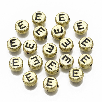 Plating Acrylic Beads, Horizontal Hole, Flat Round with Letter, Golden Plated, Black, Letter.E, 7x4mm, Hole: 1.2mm, about 3600pcs/500g.