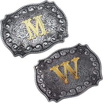 Nbeads 2Pcs 2 Style Alloy Smooth Buckles, Belt Fastener, Floral Pattern & Letter, Gunmetal & Golden, 77x103~104x18~20mm, 1pc/style