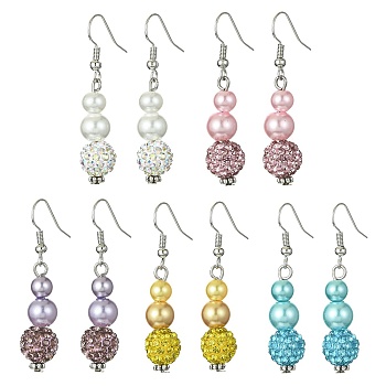 Glass Rhinestone Round Beads Dangle Earrings, Brass Drop Earrings, Mixed Color, 45x10mm