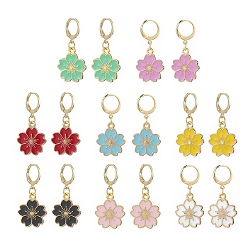 8 Pair 8 Color Alloy Enamel Flower Dangle Leverback Earrings for Women, Mixed Color, 36mm, Pin: 0.8mm, 1 Pair/color