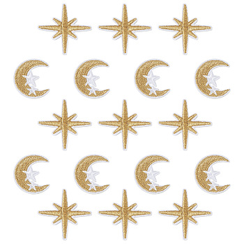 40Pcs 2 Style Computerized Embroidery Cloth Iron on/Sew on Patches, Appliques, Costume Accessories, Moon with Star, Gold, 20pcs/style